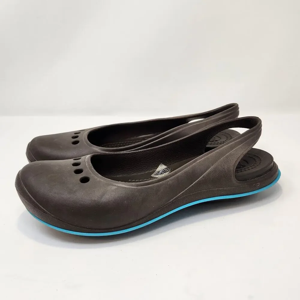 Crocs Tone Skylar Slingback Flat Women Size 9 Brown Teal Closed Toe Comfort Shoe